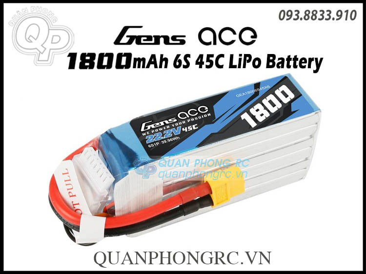Pin Gens Ace 1800mAh 6S 45C 22.2V LiPo Battery XT60 Plug dành cho máy bay