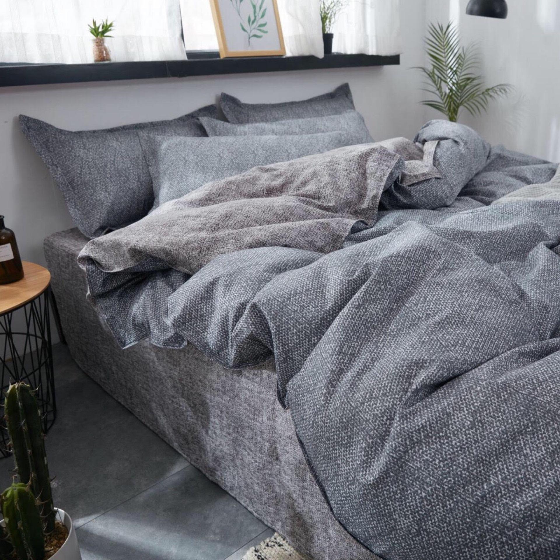 -Bộ chăn ga gối basic kẻ xước phối xám ghi.