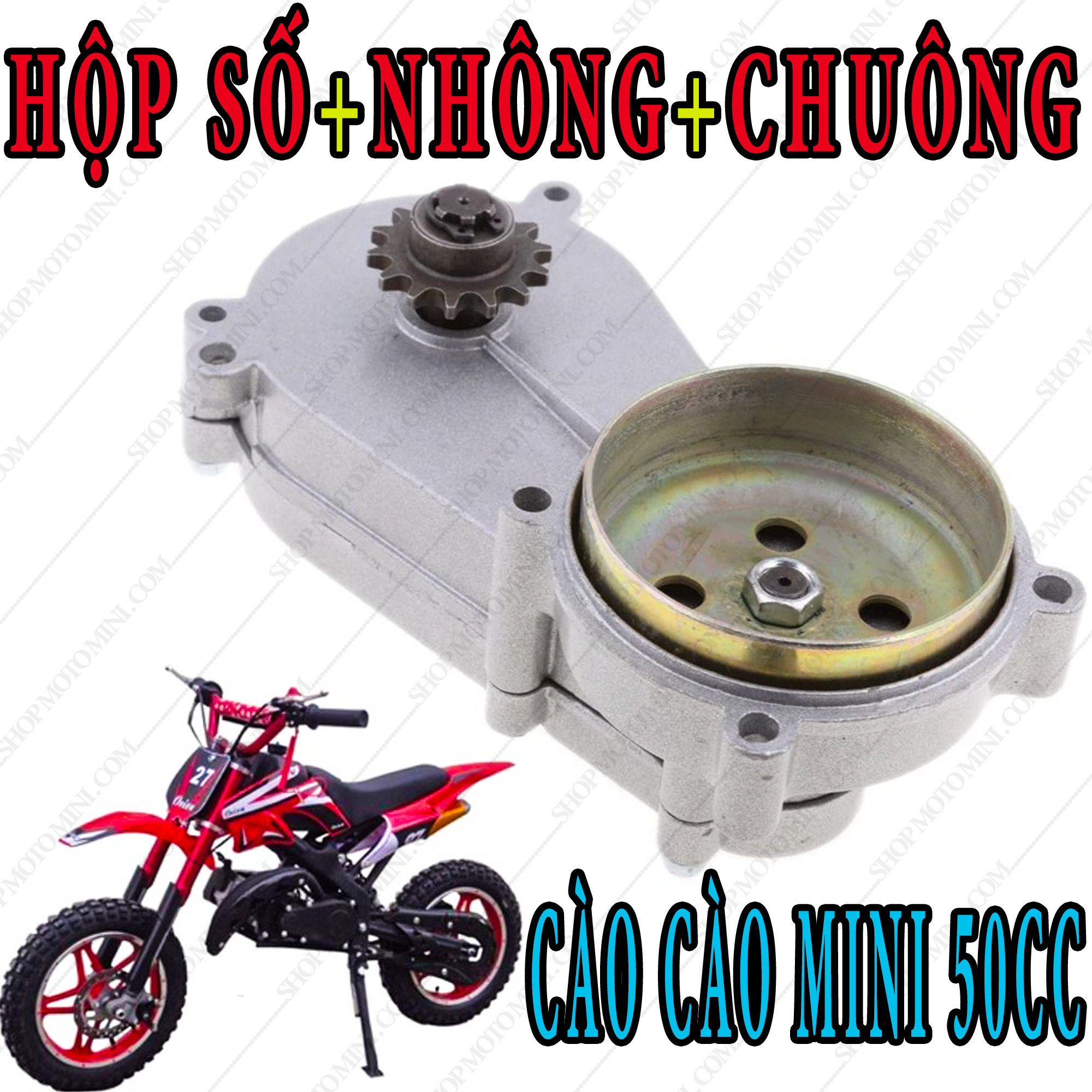 Bộ hộp số chuông bố bánh nồi và nhông trước xe cào cào mini 50cc | Phụ tùng lốc hộp số, chuông nhông trước bánh nồi xe cao cao máy cắt cỏ