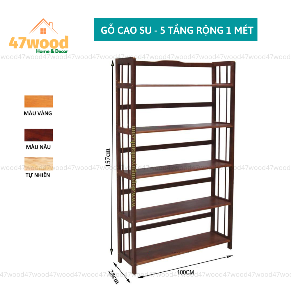 Kệ sách gỗ 5 tầng rộng 1 mét, kệ gỗ đa năng 5 tầng rộng 100cm - Gỗ cao su tự nhiên chắc chắn, bền đẹp