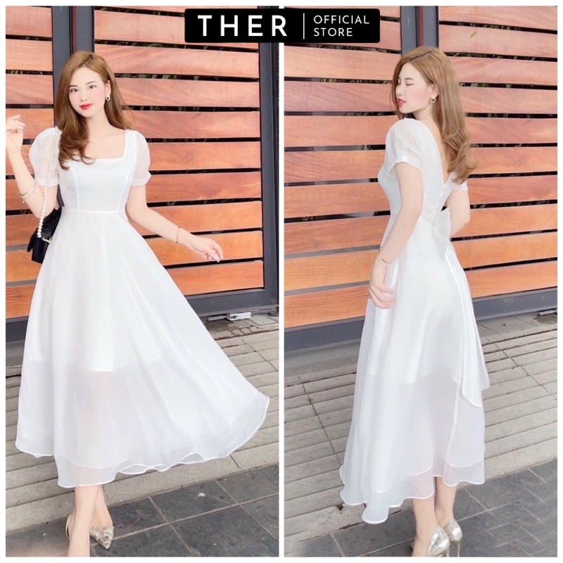 Đầm váy nữ form dài xòe đi tiệc tay phồng bèo cổ vuông 2 thắt nơ sau bo eo 2 lớp màu trắng