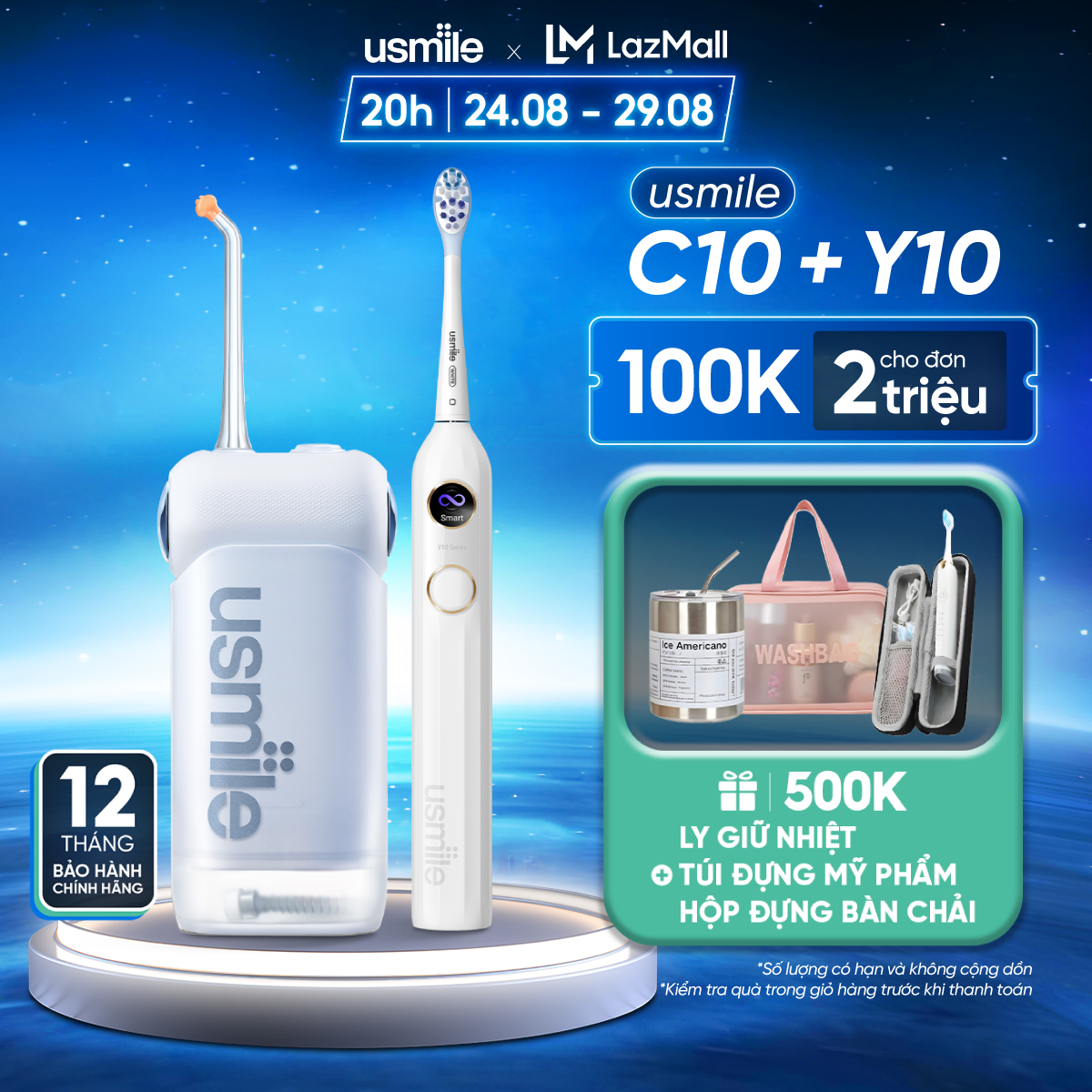Bàn chải điện sóng âm thông minh usmile Y10 + Tăm nước usmile C10