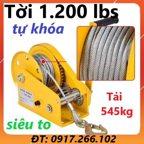 Tời Quay Tay Hợp Kim Thép Siêu Bền Trọng Tải Kéo 545kg Tặng Cáp 10m - Tời Kéo tay 1200LBS