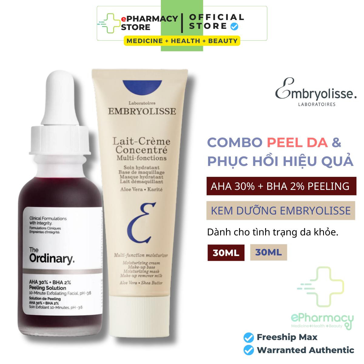 Combo the ordinary peeling aha 30% + bha 1% 30ml + kem dưỡng embryolisse lait crème concentré 30ml