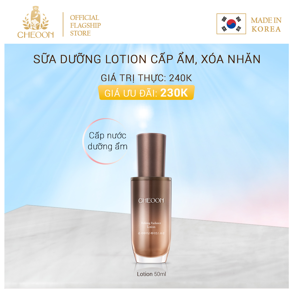 Lotion sữa dưỡng da mặt giữ ẩm, xóa nếp nhăn, chiết xuất linh chi và thảo dược thiên nhiên CHEOON- Refining Radiance Lotion- 50ml