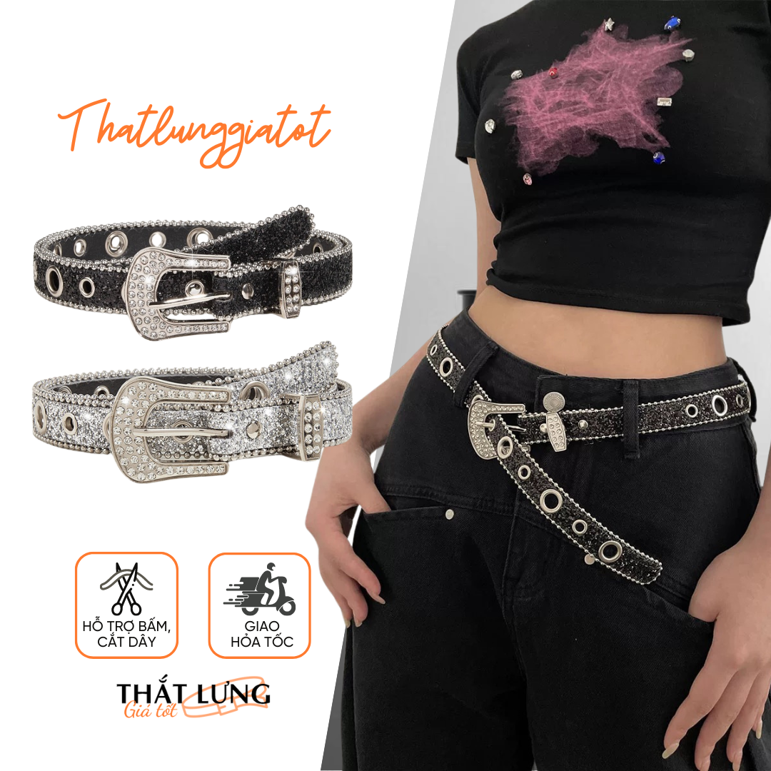 Thắt lưng đính đá nhân tạo phong cách y2k lấp lánh cho nam nữ bản nhỏ và bản to TL165 - Thắt Lưng Giá Tốt