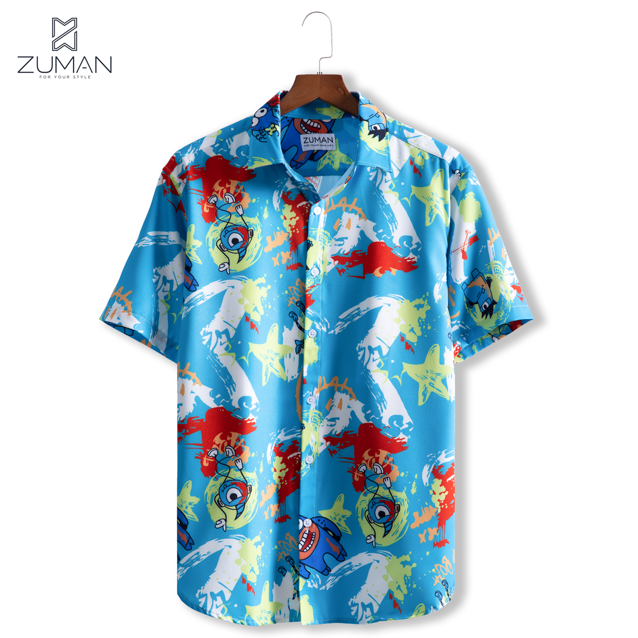 Áo sơ mi nam ngắn tay vải lụa thiết kế hoạ tiết thú mỏ vịt vui nhộn- ZUMAN - ASM171