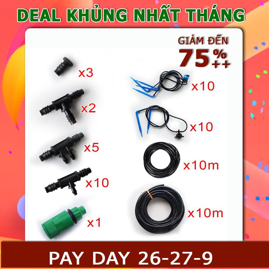 Bộ tưới 60 que tưới nhỏ giọt có bù áp đầy đủ dây dẫn và phụ kiện kết nối Bộ 4 que tưới nhỏ giọt kèm bù áp 8L/H: 10 bộ Bộ 2 que tưới nhỏ giọt kèm bù áp 4L/H: 5 bộ Ống mềm 10mm: 10m Ống mềm 6mm: 10m