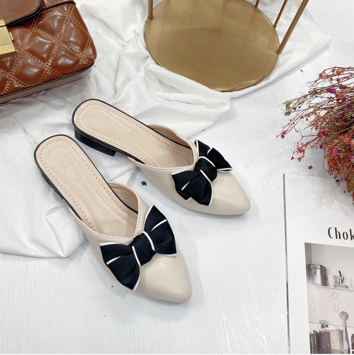 [Hoàn tiền 15%][Ảnh thật] Giày sục nữ mũi nhọn đé 2p đính nơ viền xinh xắn da mềm êm chân-SU12