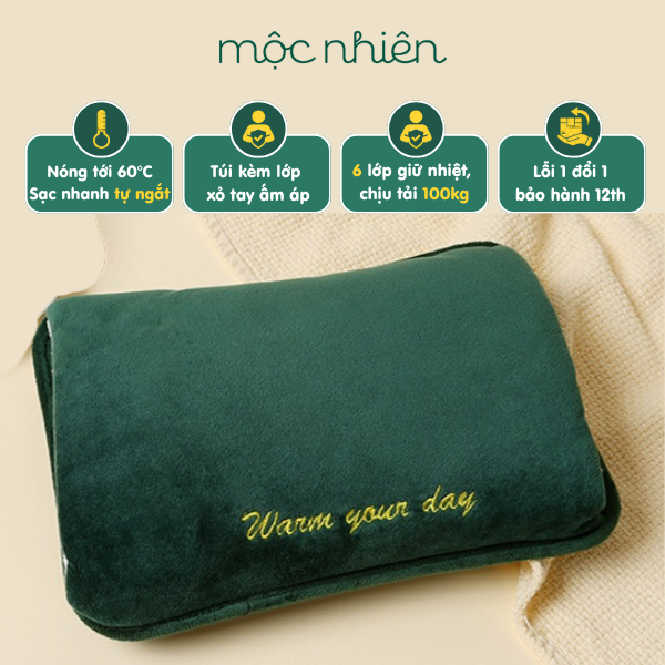 Túi chườm nóng / Túi sưởi ấm/ Túi chườm bụng kinh Huaiken có xỏ tay - vỏ nhung 6 lớp sạc chống cháy