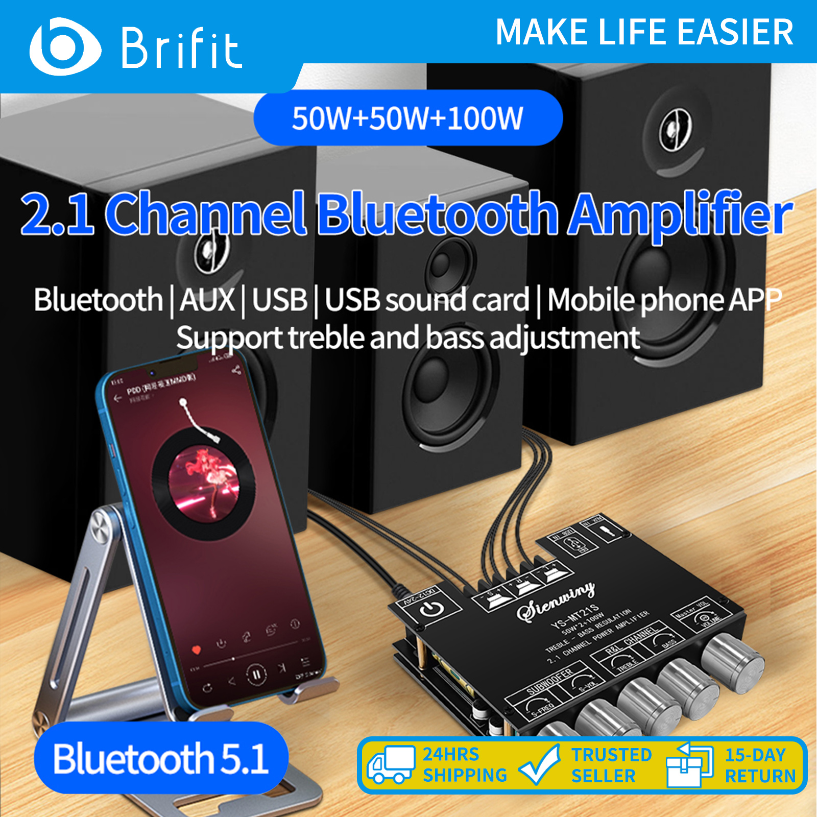 Brifit YS-MT21S Bo mạch khuếch đại công suất kỹ thuật số 2.1 kênh 5.1 Mô-đun khuếch đại công suất âm thanh Bluetooth 5.1 Điều chỉnh âm sắc, âm trung, âm trầm Hỗ trợ điều khiển ứng dụng âm thanh 50W*2+100W
