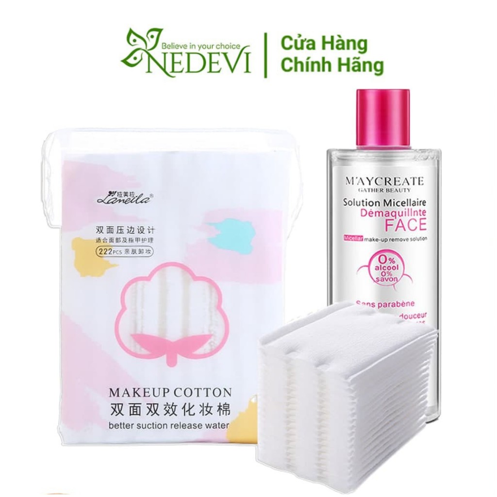 Combo 1 bông tẩy trang Lameila 222 miếng+1 Nước tẩy trang Maycreate Nắp Hồng 300ml tẩy trang sạch sâu, mềm mịn da-NEDEVI