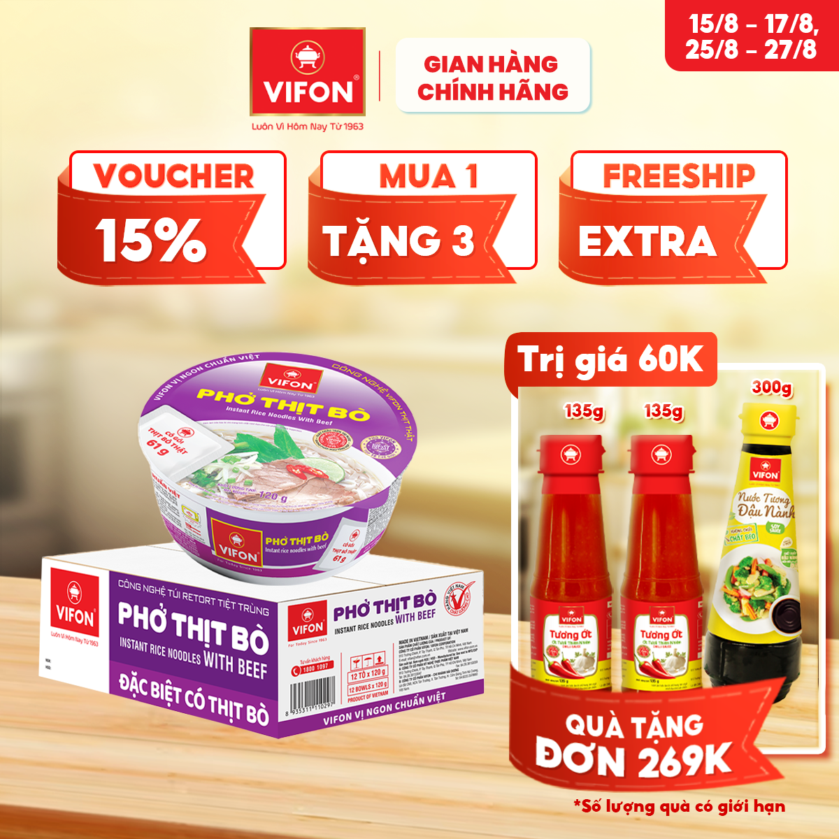 [VOUCHER đến 80K]-Thùng 12 Tô Phở Thịt Bò/ thịt gà VIFON 120g / Tô