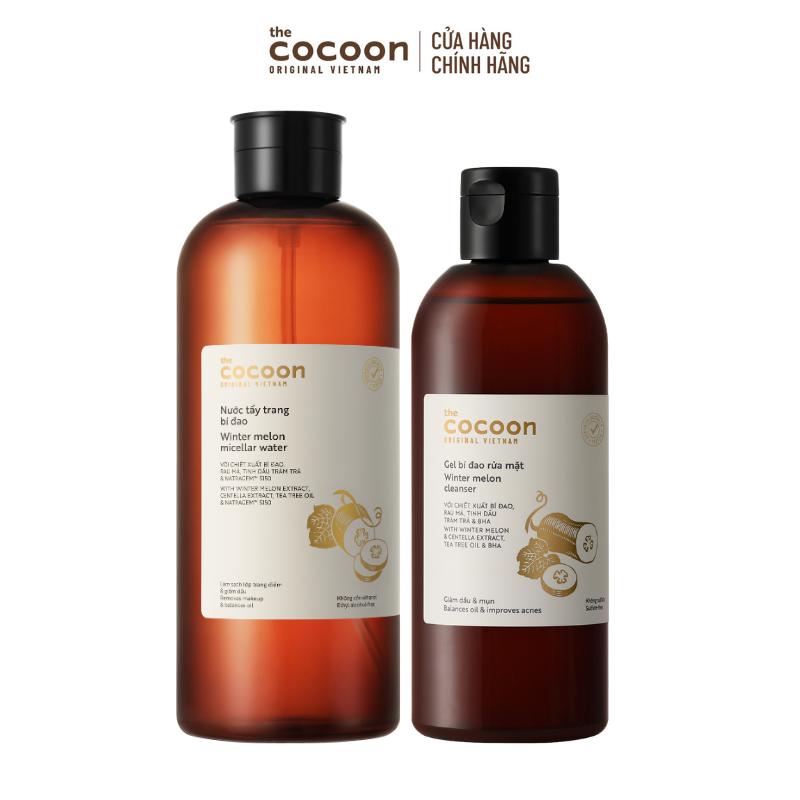 COMBO Supersize - Nước tẩy trang bí đao Cocoon tẩy sạch makeup  giảm dầu 1000ml + Bigsize Gel bí đao rửa mặt 310ml