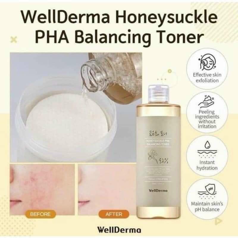 NƯỚC HOA HỒNG CÂN BẰNG DA, SE KHÍT LỖ CHÂN LÔNG WELLDERMA HONEYSUCKLE PHA BALANCING TONER 500ML - SẢ