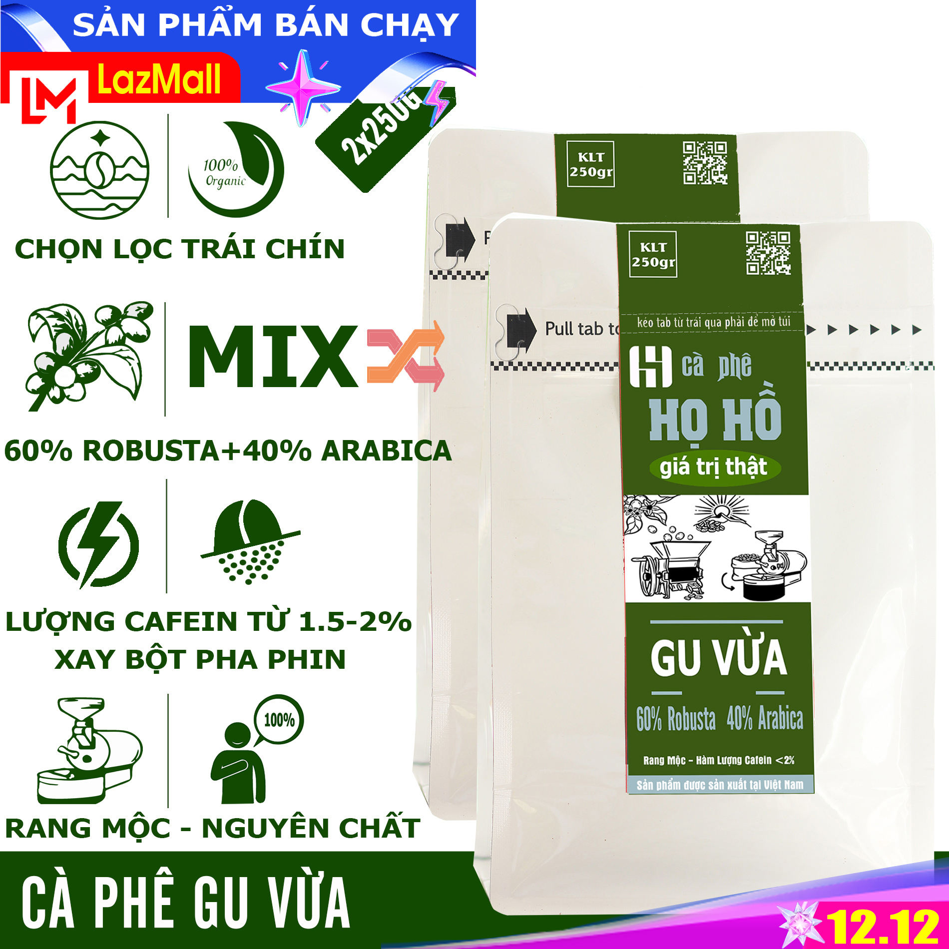 [Gu Vừa] 500g Cà phê rang xay pha phin Gu Vừa - (2 gói 250g) - rang mộc, sự phối trộn tuyệt vời từ Arabica+Robusta thương hiệu Họ Hồ