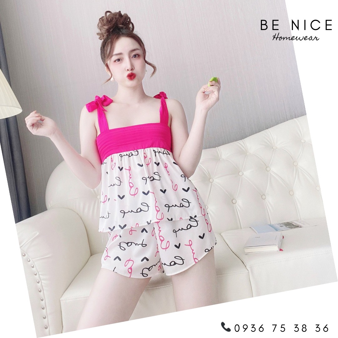 Bộ lụa mặc nhà cột nơ vai nhiều họa tiết xinh xắn cho nàng nhà Be Nice Homewear