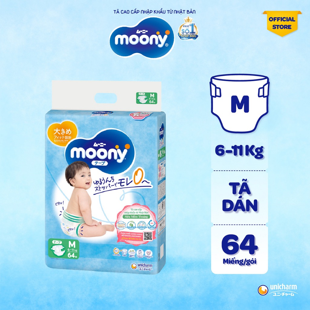 Moony xanh bỉm tã dán size m64 bé trai, bé gái hcm