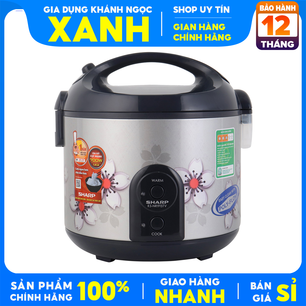 Nồi cơm điện Sharp 1,8 lít KS-NR191STV Hàng trưng bày 99% SX Thailan sử dụng 4-6 người ăn, Công suất:700 W Lòng nồi chống dính