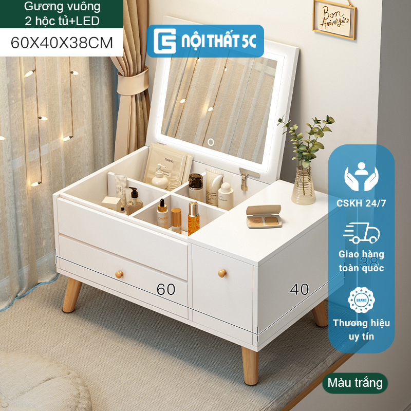 Bàn trang điểm gương đèn LED có hộc tủ tiện lợi chân gỗ thông, bàn phấn gương vuông thiết kế ngồi bệt, điều chỉnh đèn bằng nút cảm ứng