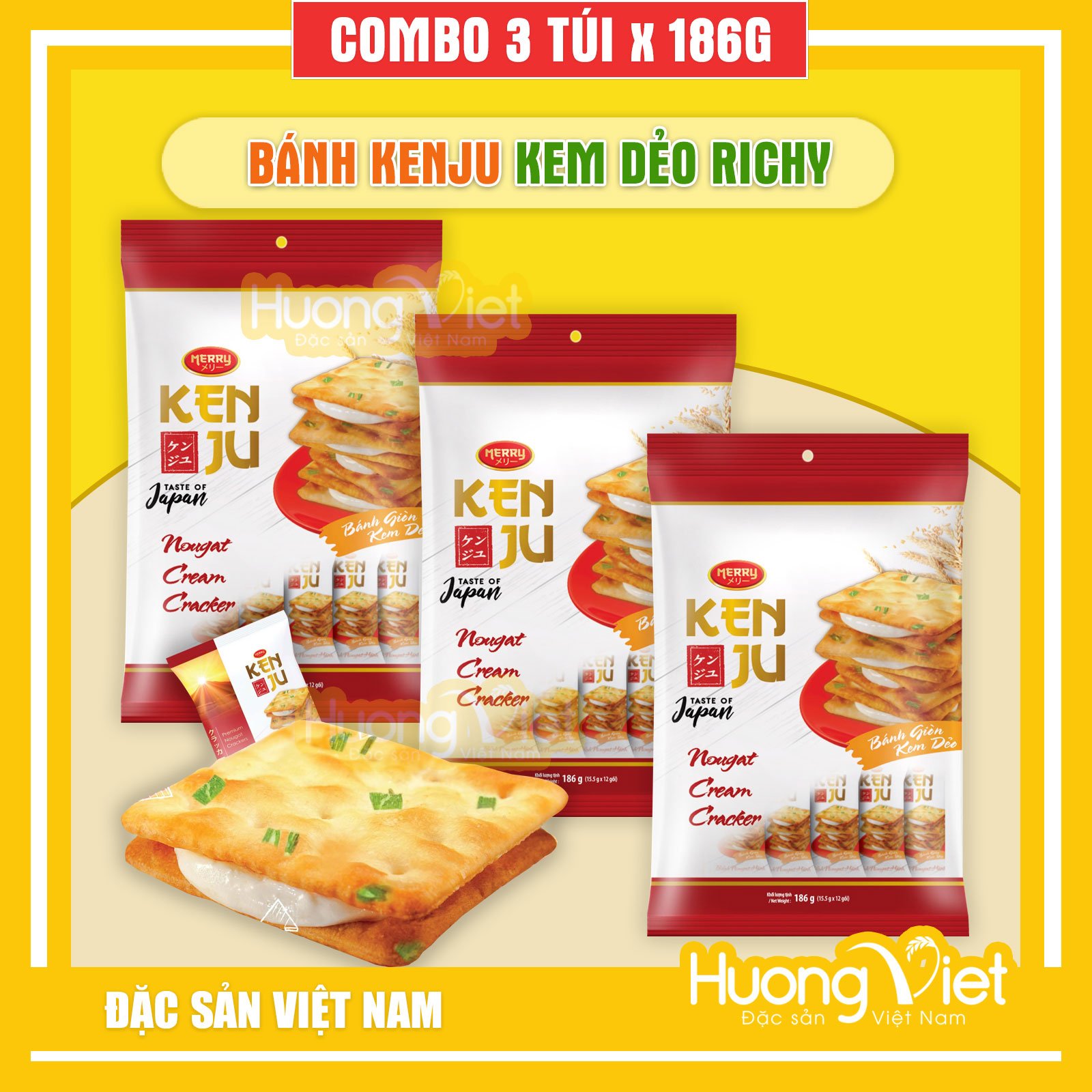 Combo 3 gói bánh quy Kenju 186gr bánh quy hành kem dẻo Richy bánh quy mặn kẹp kem đồ ăn vặt ngon