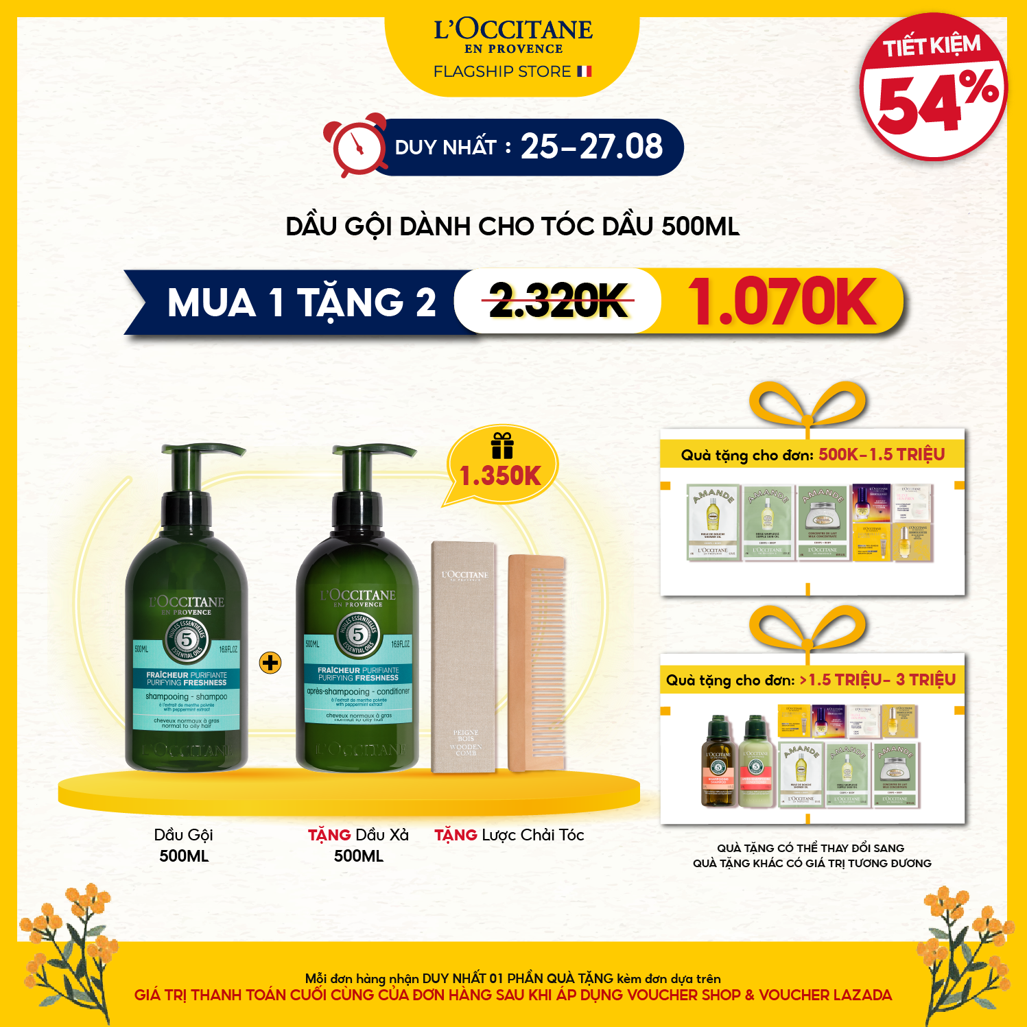 Dầu Gội - Dầu Xả Purifying Freshness Dành Cho Tóc Dầu L'Occitane  Aromachologie Purifying Freshness Shampoo 500ml &  Conditioner 500ml (Túi Refill)