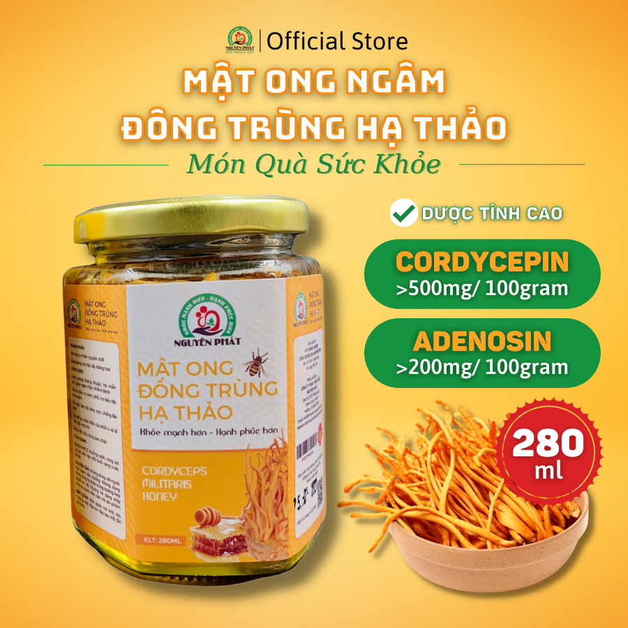 Mật ong ngâm Đông trùng hạ thảo nguyên chất cao cấp Nguyên Phát hộp 280 ml - Món quà cho sức khỏe - Bồi dưỡng sức khỏe - Tăng đề kháng - Dùng nấu canh, pha trà, ngâm rượu cực bổ dưỡng- Hàm lượng chất dinh dưỡng cao