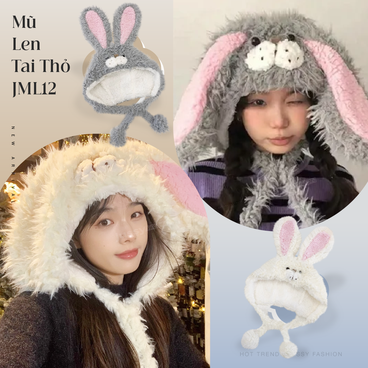Mũ len tai thỏ dễ thương jml13 jussy official mũ bucket lông cừu dày chất len mịn ấm áp có lớp lót giữ ấm đầu nhiều màu