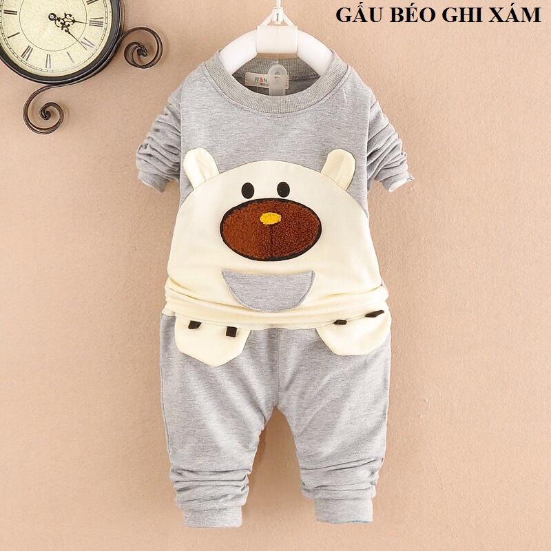 [Có mã giảm giá] Bộ quần áo trẻ em hình Gấu béo chất liệu nỉ da cá cho bé trai bé gái từ 14-18kg