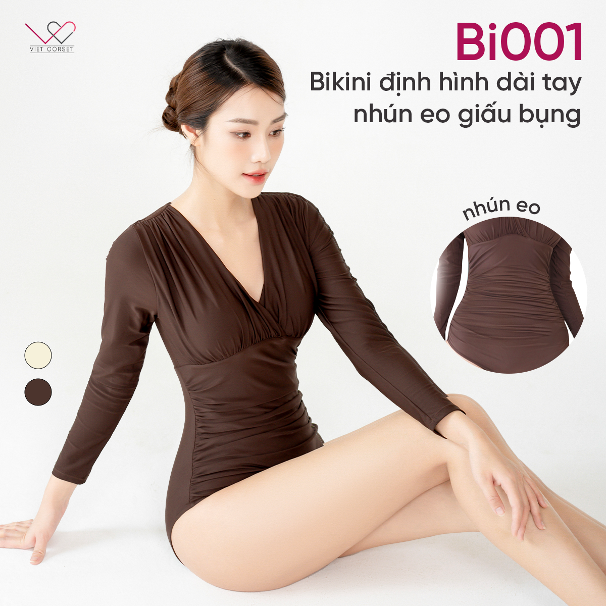 Vietcorset Đồ Bơi Nữ Tay Dài Kín Đáo Liền Thân Bikini 01 Áo Bơi Swimsuit Che Bụng Mỡ Nâng Ngực Hiệu Quả(Có sz Bigsize)