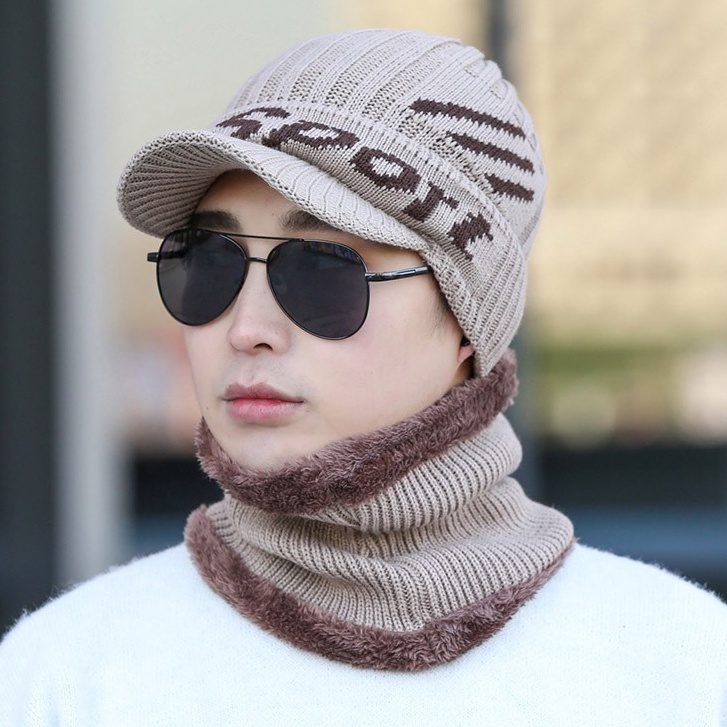 Mũ len kèm khăn quàng cổ nam nữ YONA nón len lưỡi trai nam nữ trùm đầu mùa đông chất liệu len cao cấp