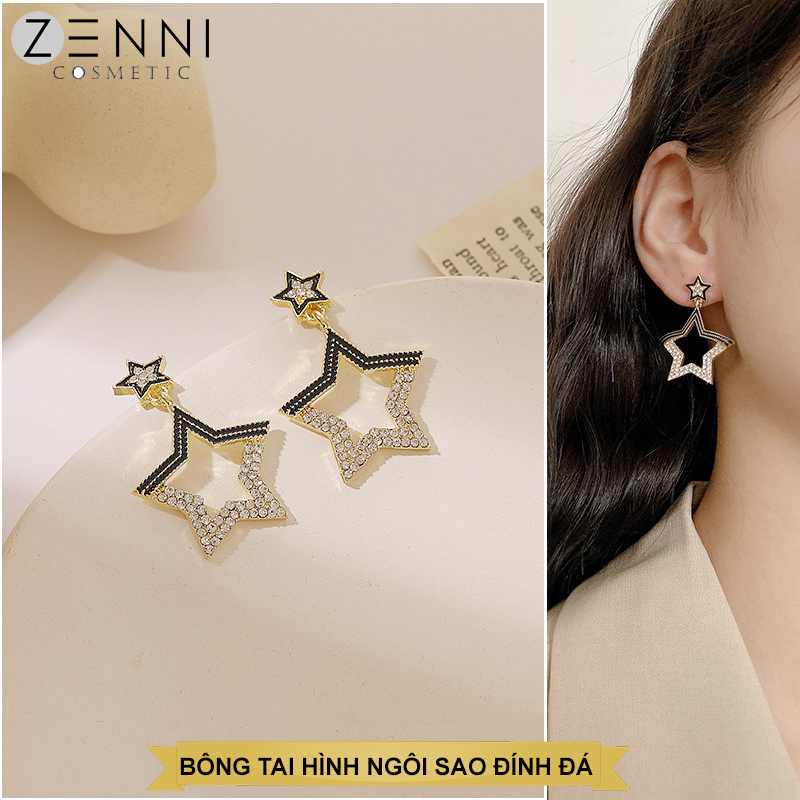 Bông tai nữ Hàn Quốc, Khuyên Dài Hình Ngôi Sao Đính Đa Thiết Kế Tính Tế, Sang Trọng , Trẻ Trung, Năng Động, Chất Liệu Bạc 925 Luôn Sáng Bóng, An Toàn, Chống Rỉ - Zenni