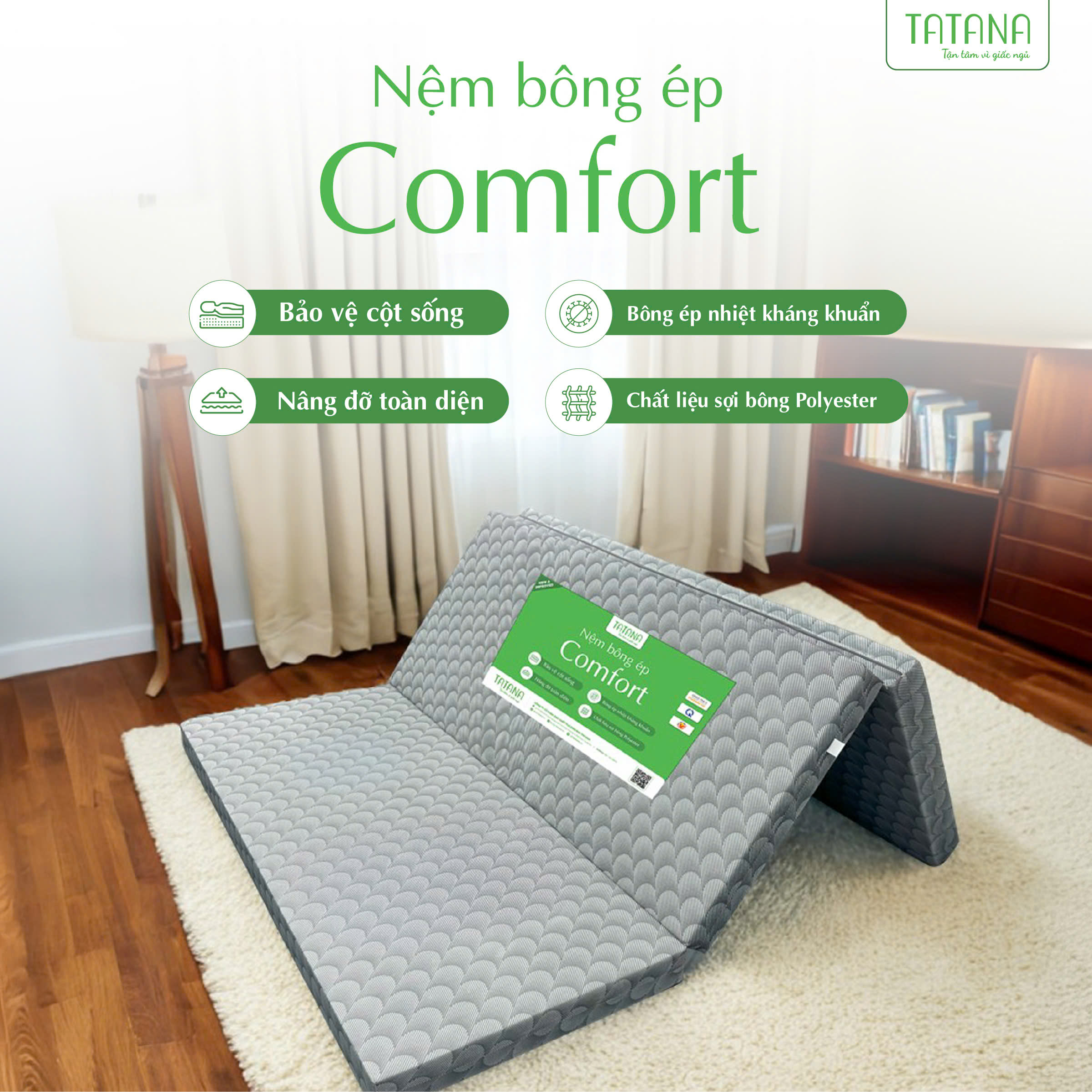 Nệm Bông Ép Tatana Comfort Gấp 3- Di chuyển tiện lợi - Độ Cứng Vừa, Nâng Đỡ Cơ Thể, Áo Nệm Nhiều Màu