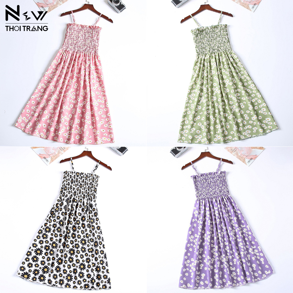 Đầm họa tiết hoa cúc kiểu dáng hai dây - new thoi trang