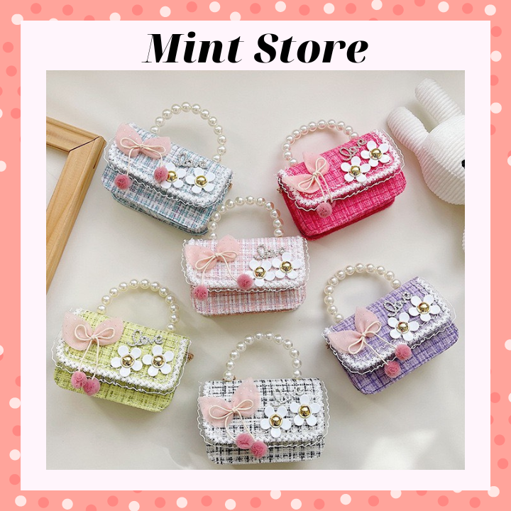 Túi đeo chéo mini vải dạ, quai ngọc sang chảnh đáng yêu cho bé gái