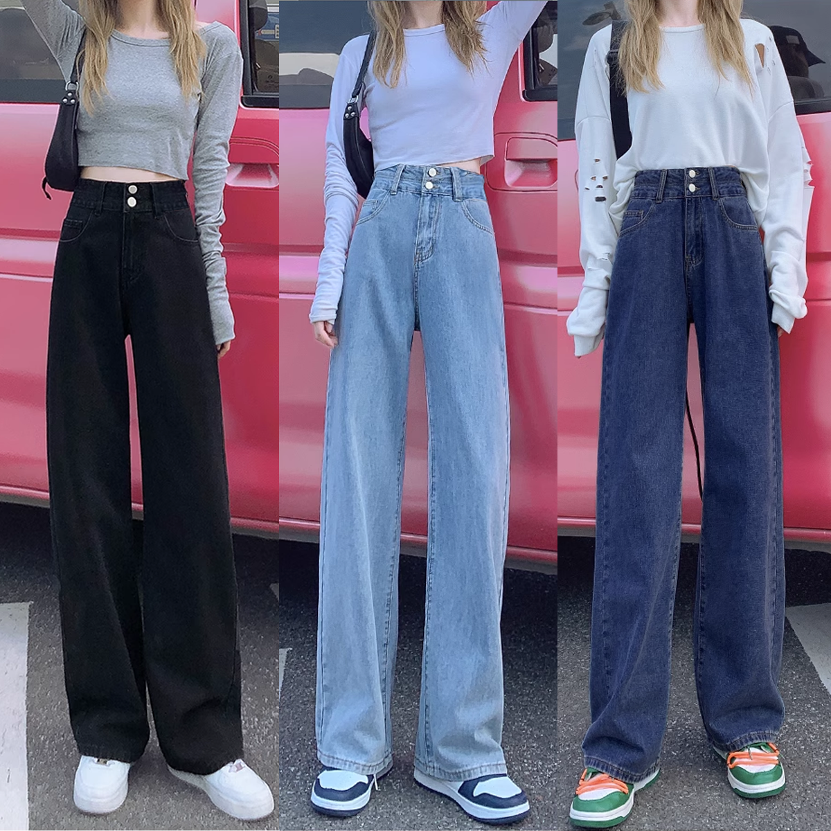 Quần jeans nữ dáng suông chất bò mềm cạp cao, QS45 bò suông 2 cúc