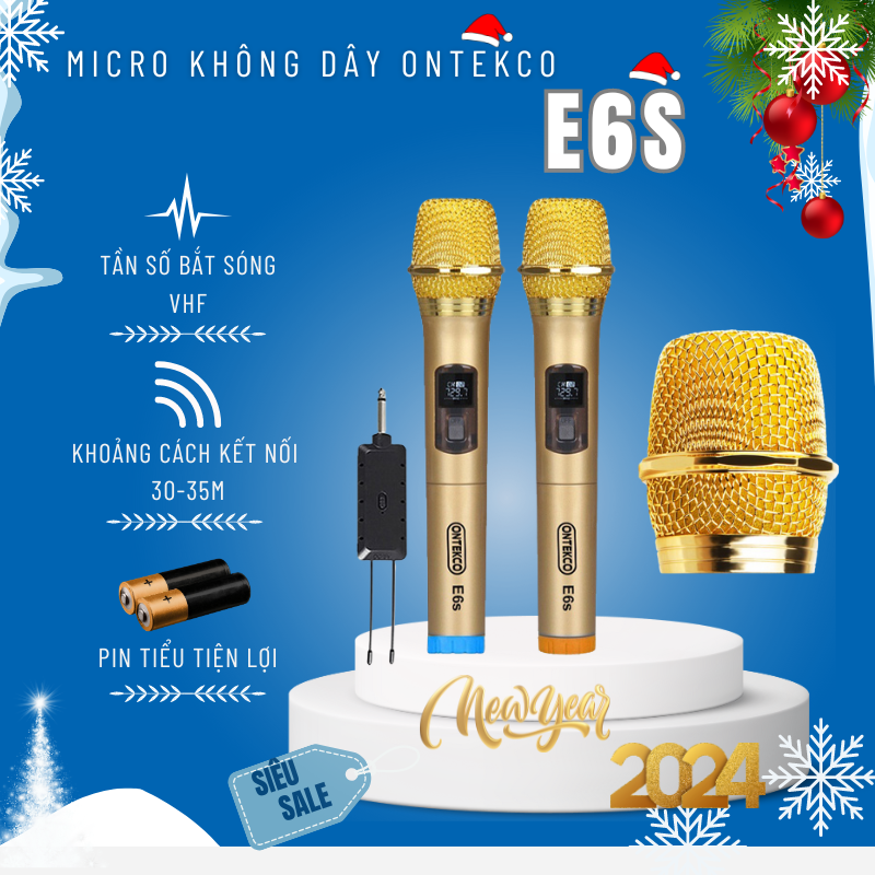 Bộ micro không dây Karaoke Ontekco E6s | Hz113 vàng  Cao cấp, Chuyên loa kéo, Amply - Karaoke đường phố, karaoke gia đình - Bảo hành 12 Tháng (1 đổi 1)