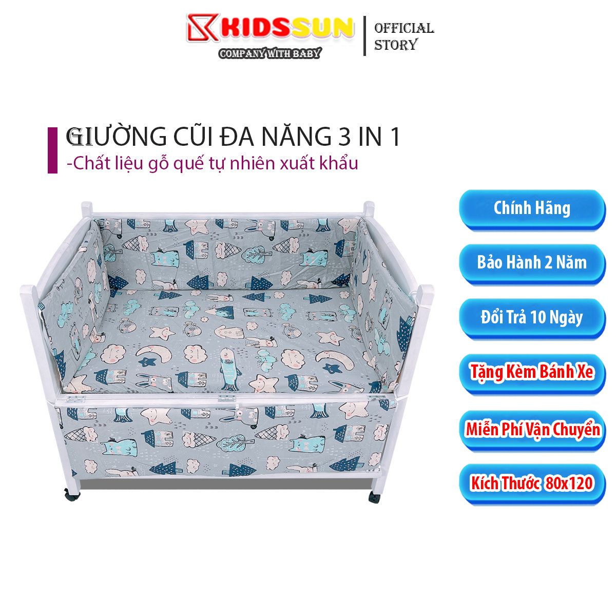 Giường Cũi Trẻ Em, Cũi Cho Bé Từ 0 - 4 Tuổi Chất Liệu Gỗ Quế Màu Trắng Kích Thước (120x80x86cm) Bảo Hành 24 Tháng Hàng Xuất Khẩu Tặng Bánh Xe