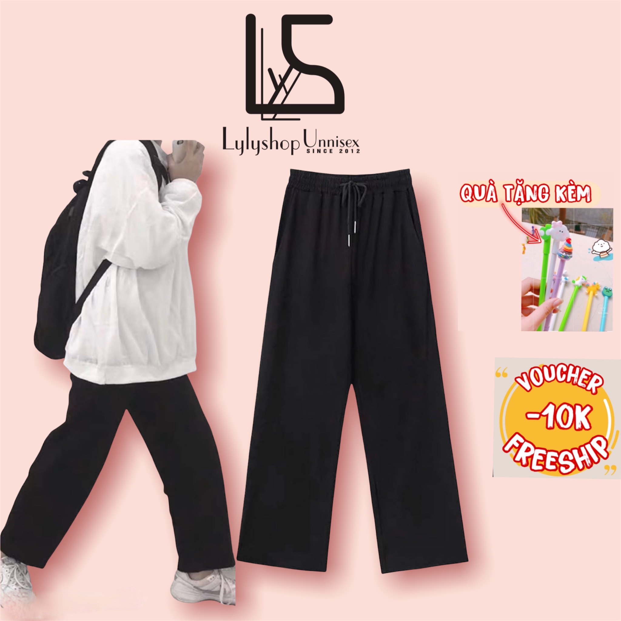 Quần simple ống rộng LylyshopUnisex, Kiểu quần dài ống suông rộng cho nữ cạp chun có dây rút điều chỉnh eo mặc 4 mùa