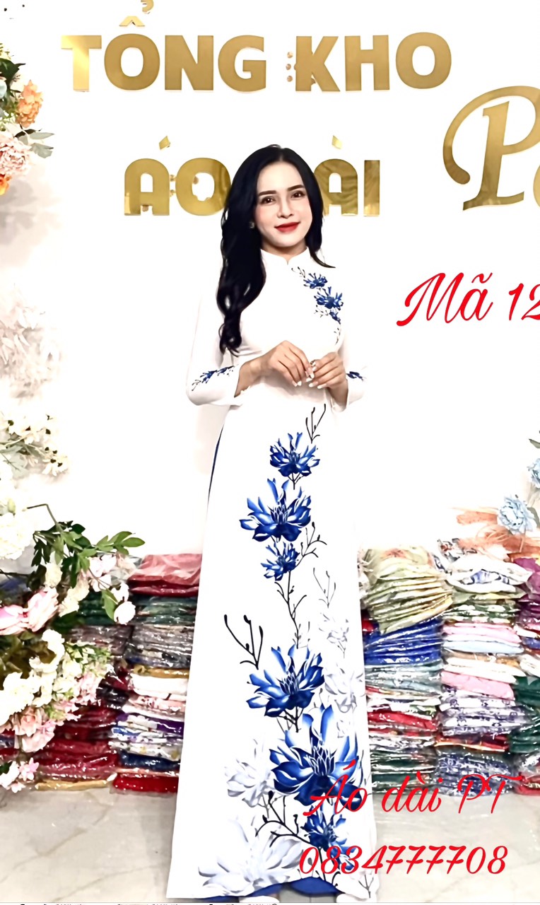 Áo dài truyền thống in hoa 2 tà chữ a mới nhất