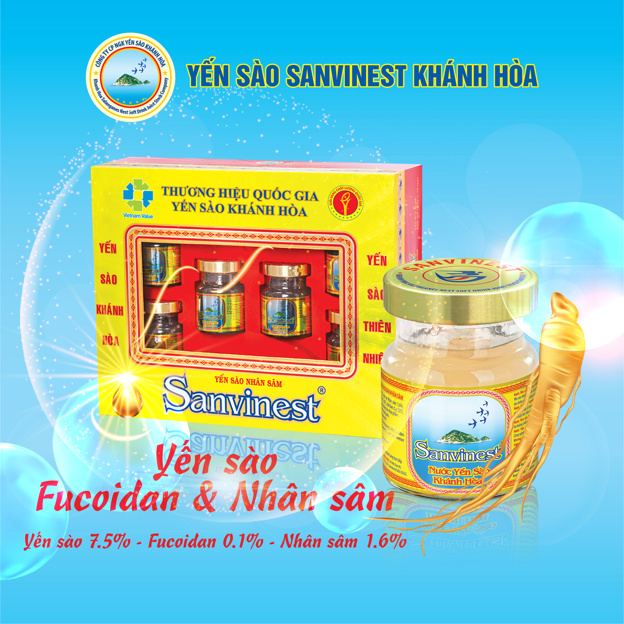 Nhân sâm Yến sào Fucoidan, Hộp 06 lọ 70ml Nước yến sào Khánh Hòa