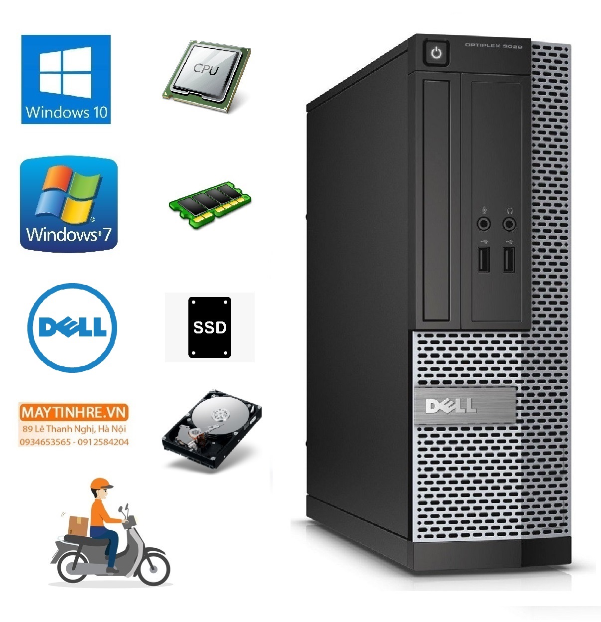Máy tính bàn Dell Optiplex 3020 sff, CPU Core i3-4130, Ram 8G, Ổ cứng SSD 240G, Hàng nhập khẩu, chưa bao gồm phím chuột và màn hình