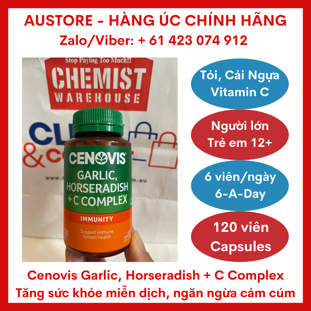[Bill Úc, Date mới] Viên uống tăng cường miễn dịch Cenovis Garlic, Horseradish + C Complex 120 Capsules