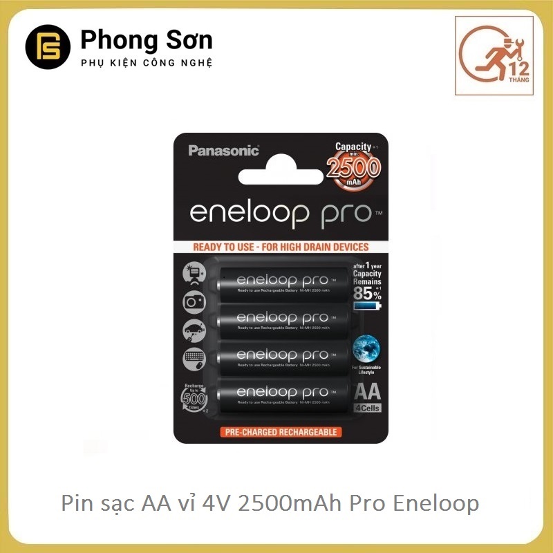 Pin Sạc AA Panasonic Eneloop Pro 2550 mAh Vỉ 4 Viên, Japan, Màu đen