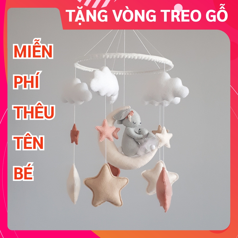 [MIỄN PHÍ THÊU TÊN BÉ] Đồ chơi treo nôi cũi cho bé kích thích thị giác ảnh thật, có nhạc tự xoay mẫu THỎ VÀ TRĂNG 2
