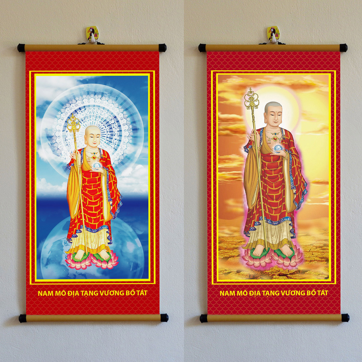 Tranh Địa Tạng Bồ Tát treo tường bằng vải phủ bóng cao cấp, dày dặn
