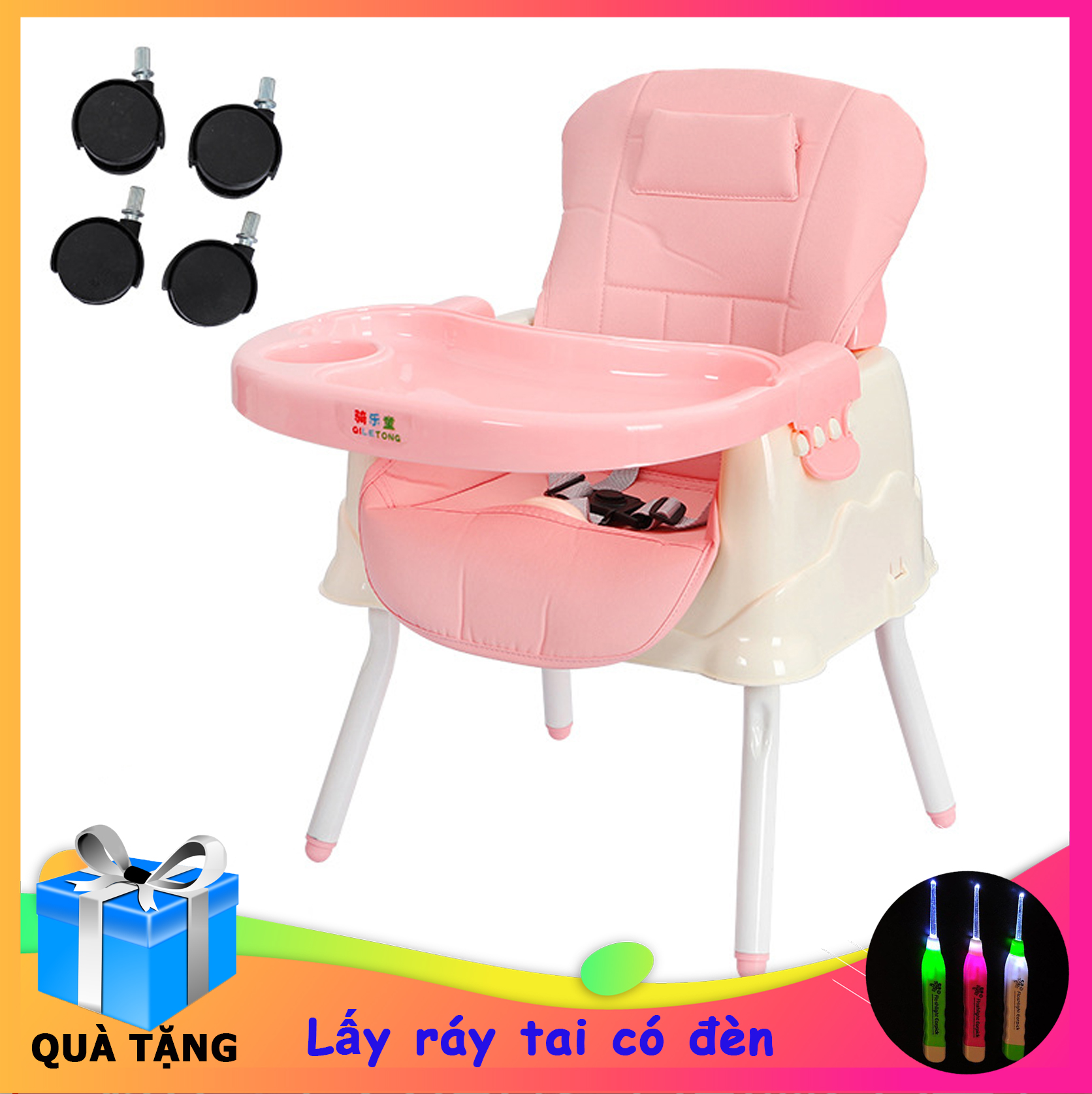 Ghế ăn dặm gấp gọn cao cấp cho bé kèm đệm- bánh xe- chân sắt - hộp đựng khăn ăn tiện lợi. Thiết kế hiện đại an toàn cho bé
