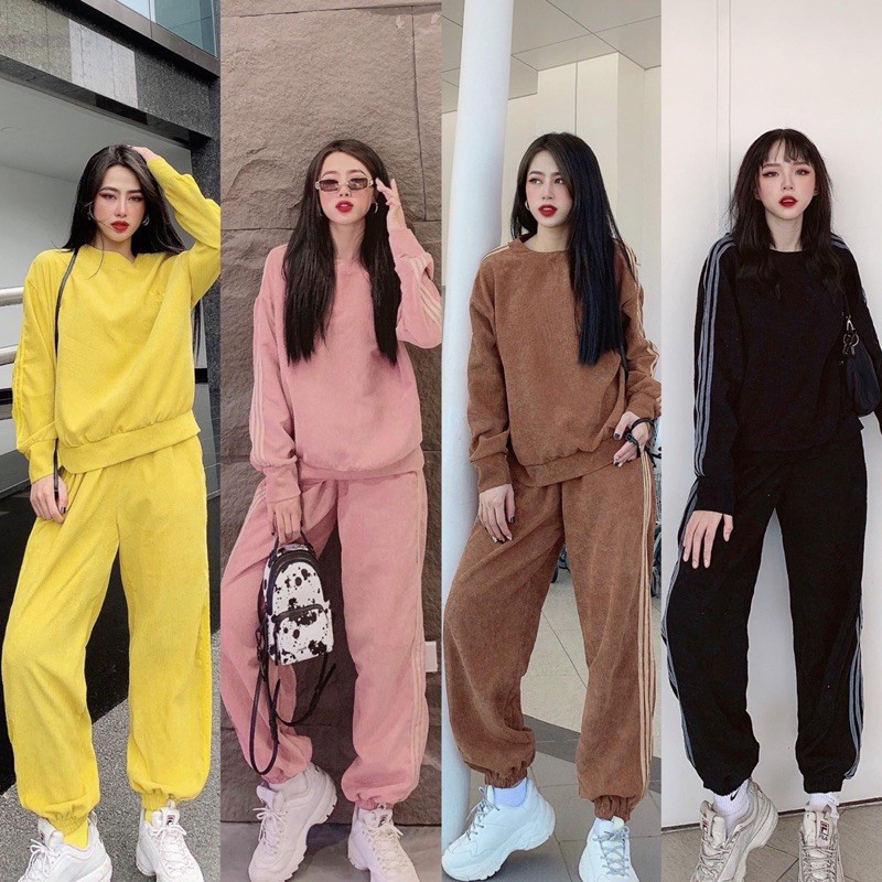 Bộ thể thao nhung tăm bo thụng chạy viền 3 sọc cực hot