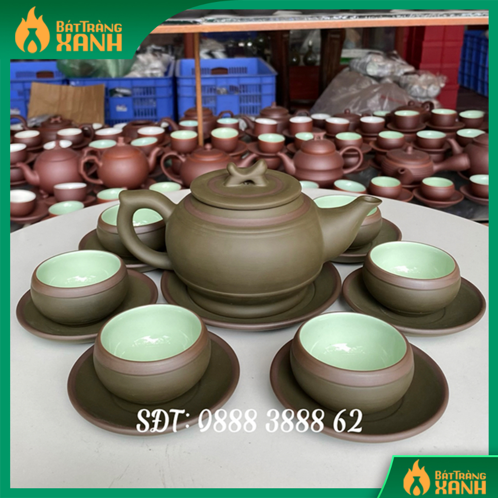 Bộ ấm chén uống trà, bộ ấm chén bát tràng - trống đai xanh chỉ men ngọc