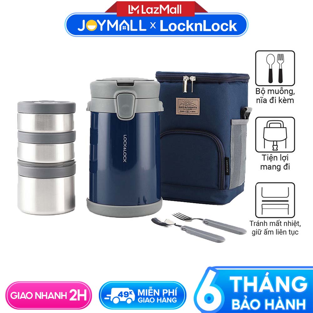 Bộ hộp cơm giữ nhiệt Lock&Lock Easy Carry LHC8039 2 lít - Hàng chính hãng, làm từ thép không gỉ, có túi đựng và muỗng nĩa đi kèm - JoyMall